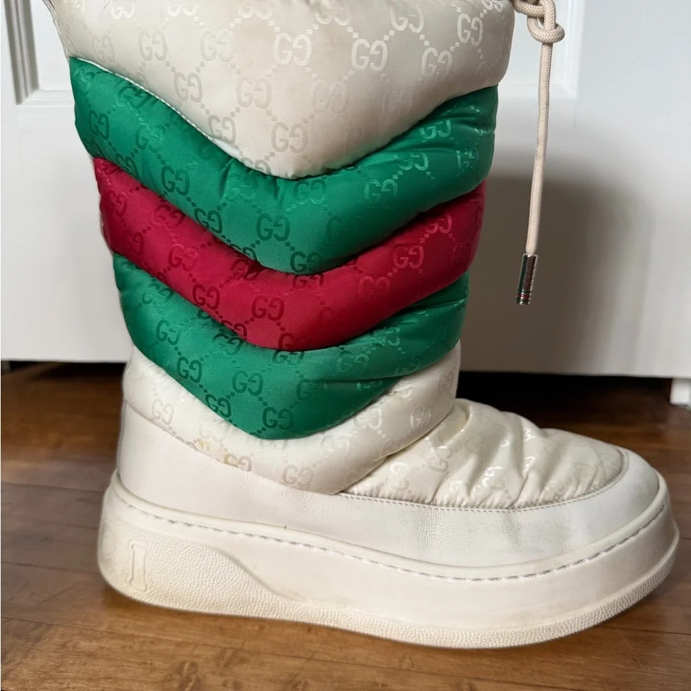 Gucci Red & Green Chevron Padded Nylon Winter Boots